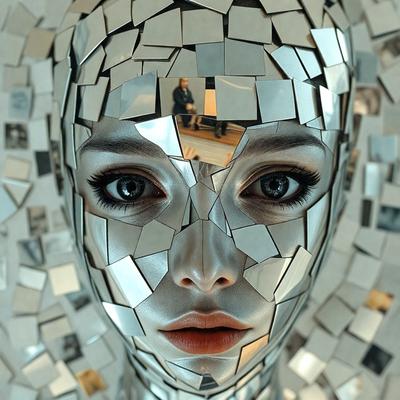 The primary subject of the image is a close-up of a woman's face, which is covered in mirrored tiles. The setting is indoors, with the woman's reflection visible in the mirrored tiles. The visual style is a combination of digital art and illustration, creating a unique and intriguing appearance. The colors and mood of the image are predominantly silver and reflective, giving it a futuristic and artistic feel.